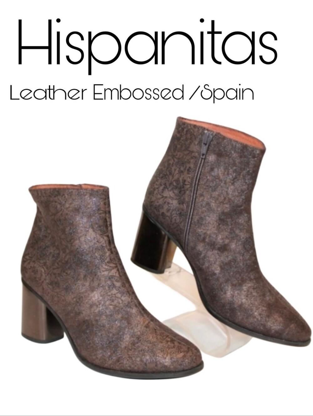 Hispanitas Spain Made Women 39 9 Brown Embossed Leather Bootie Heels Ankle Boots